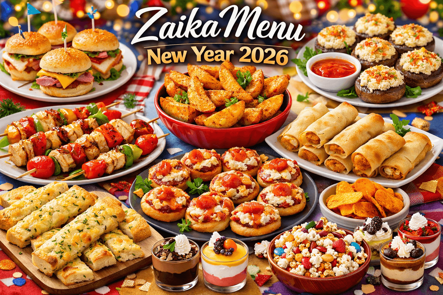 5 quick and easy New Year 2026 party snacks including cheesy mini sandwiches, potato wedges, spring rolls, stuffed mushrooms, and skewers