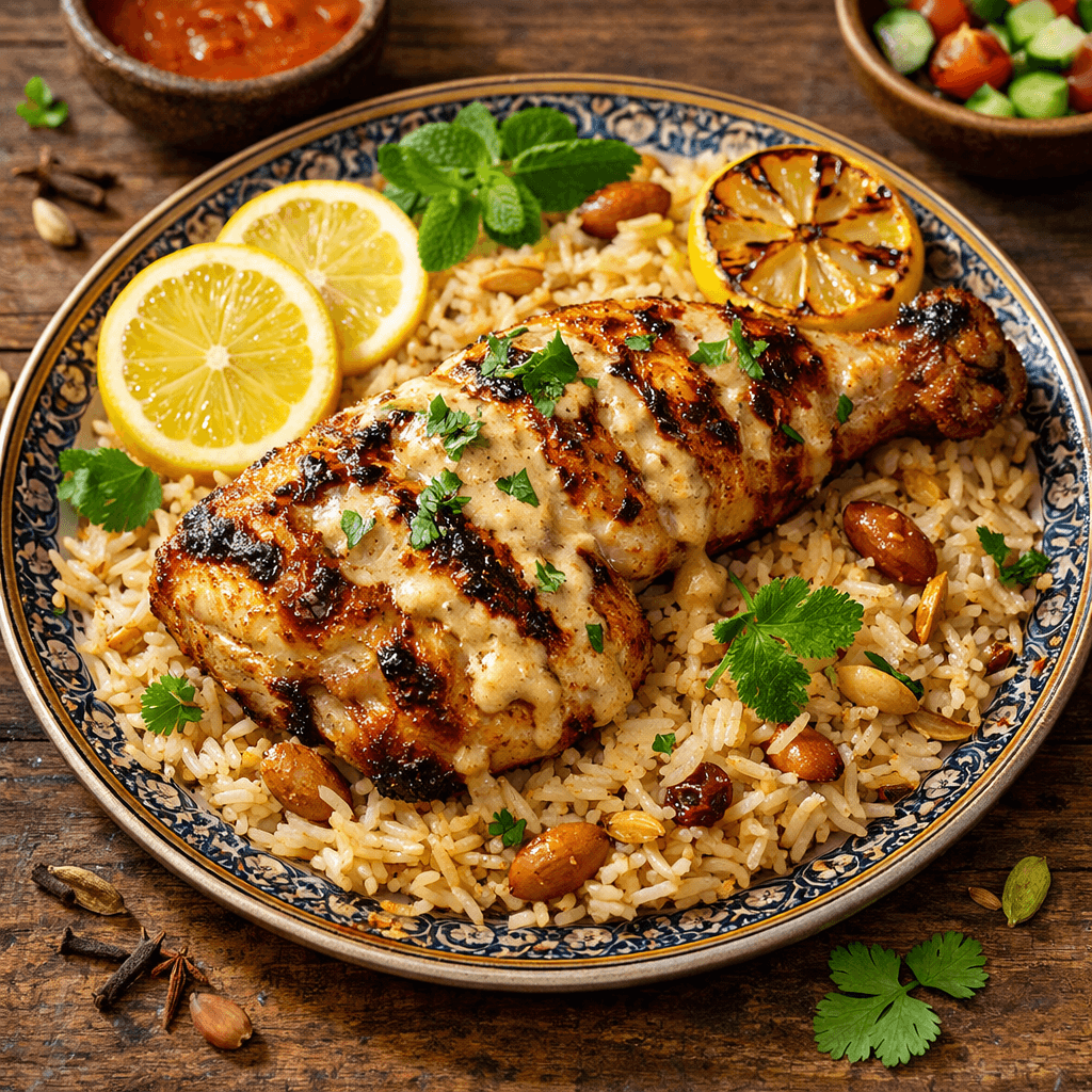 Ultra-realistic close-up of Arabic Chullu Grilled Creamy Tikka Leg served on a decorative plate with fragrant Mandi Rice, garnished with fresh herbs and lemon slices, styled on a rustic wooden table.