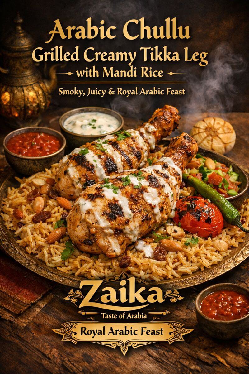 Arabic Chullu Grilled Creamy Tikka Leg served with aromatic Mandi rice, garnished with lemon slices and fresh herbs by Zaika Menu