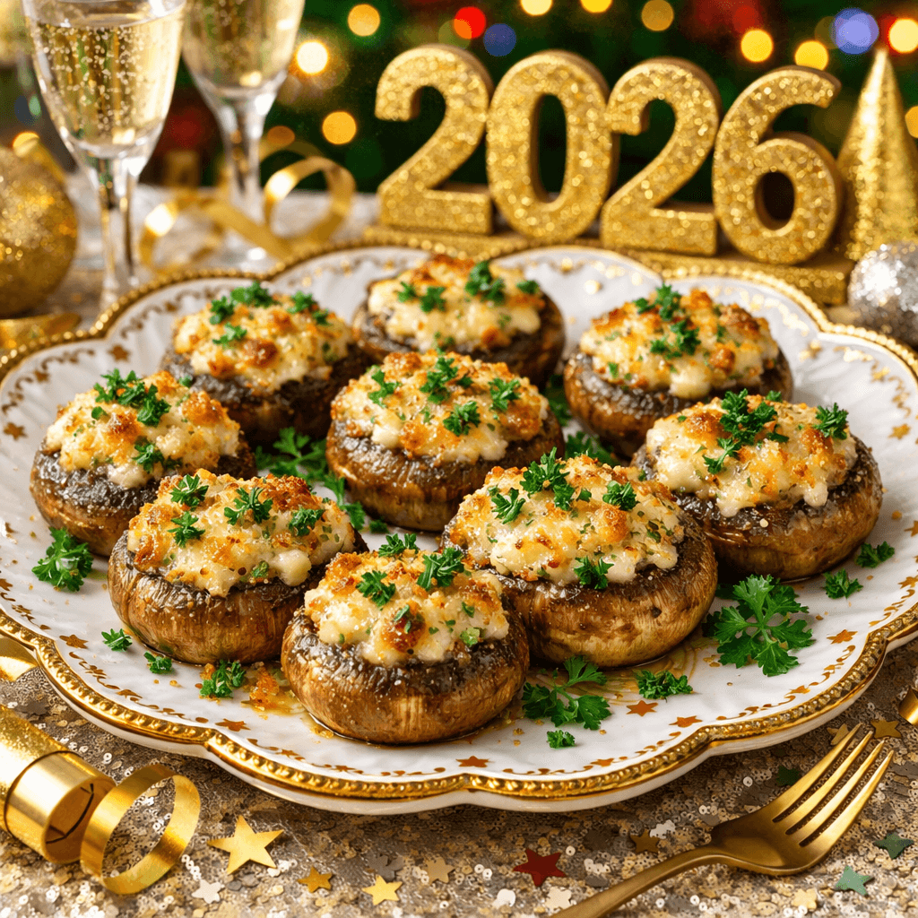 Festive stuffed mushrooms filled with cheese and herbs, baked until golden brown, served on a party platter for New Year celebrations.