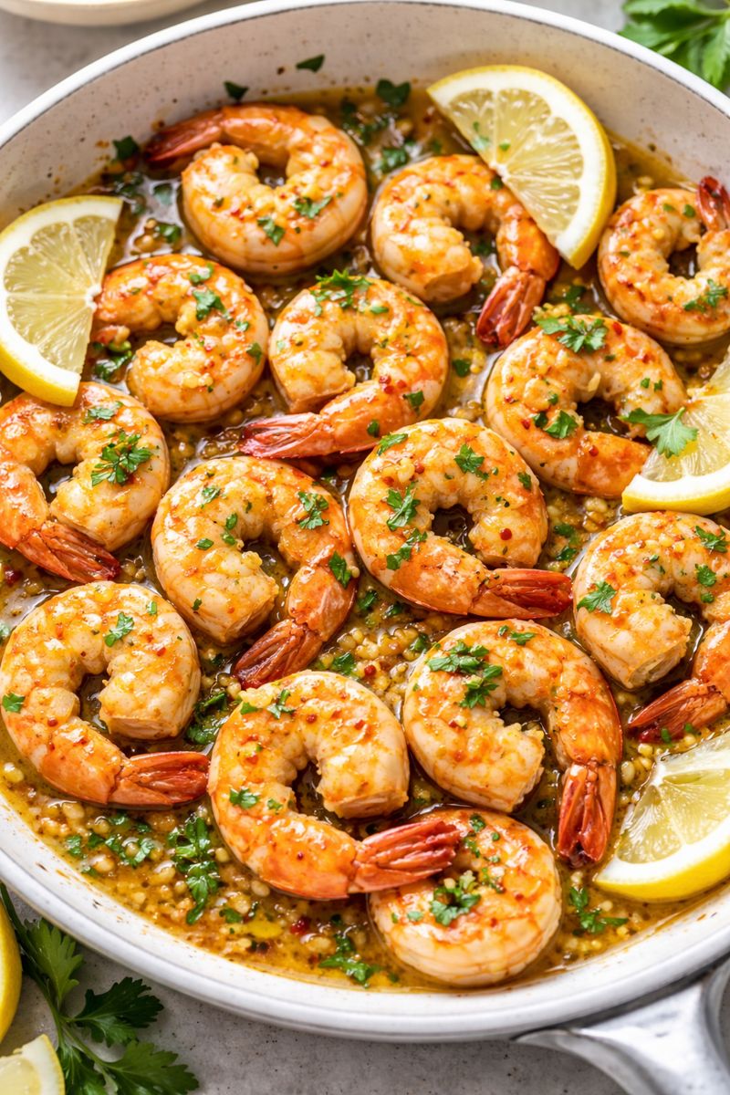 Juicy Garlic Butter Prawns Recipe served with fresh parsley and lemon, Italian style, halal-friendly