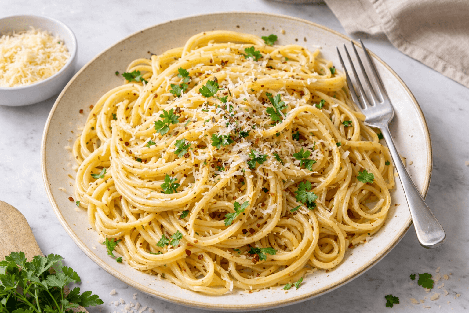 Garlic Parmesan Pasta Without Cream served on a plate with parsley and grated parmesan, healthy creamy pasta recipe from Zaika Menu