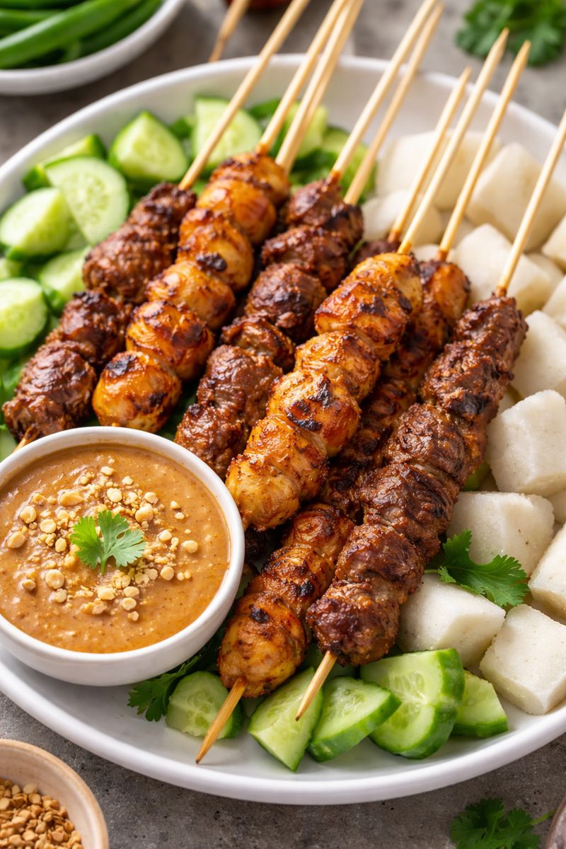 Satay recipe halal with juicy chicken and beef skewers served with peanut sauce
