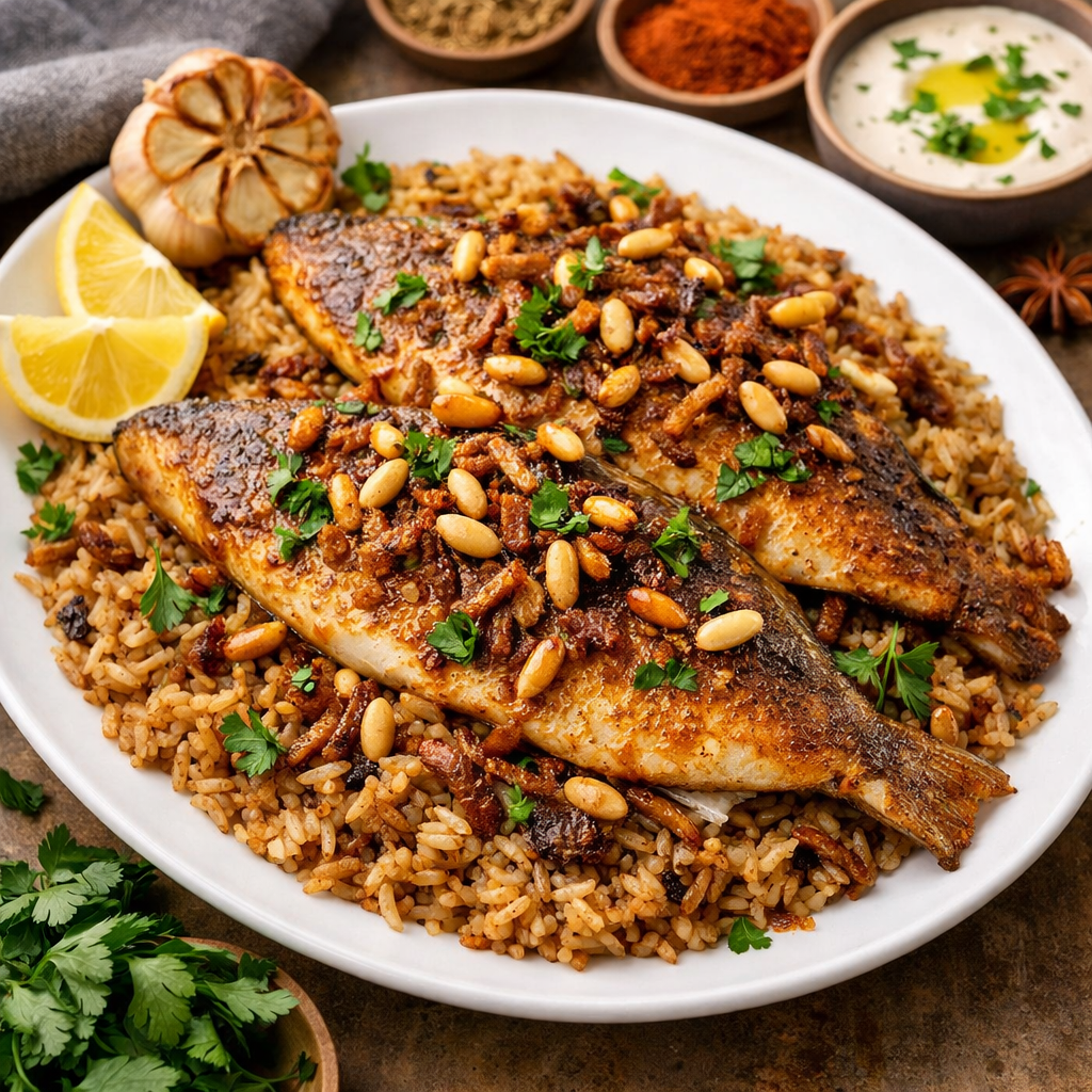 Sayadieh recipe halal with spiced rice and pan fried fish garnished with pine nuts and caramelized onions