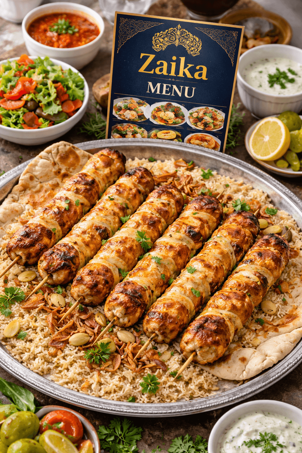 urkish Chullu Chicken Cheese Kabab skewers with smoky grilled flavor, served with aromatic Mandi rice by Zaika Menu