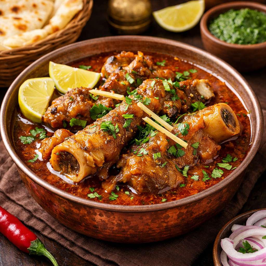 Traditional Pakistani Buffalo Paya in rich gravy garnished with coriander and lemon wedges