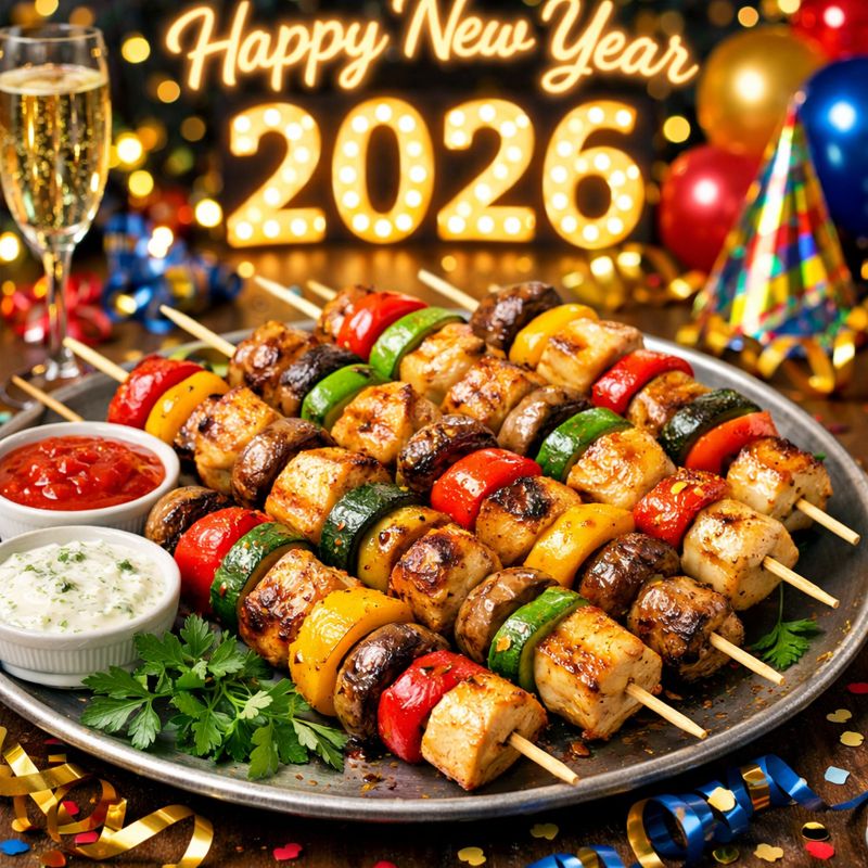 Grilled chicken veggie skewers with colorful bell peppers, zucchini, mushrooms, and juicy chicken cubes served on a festive party platter.