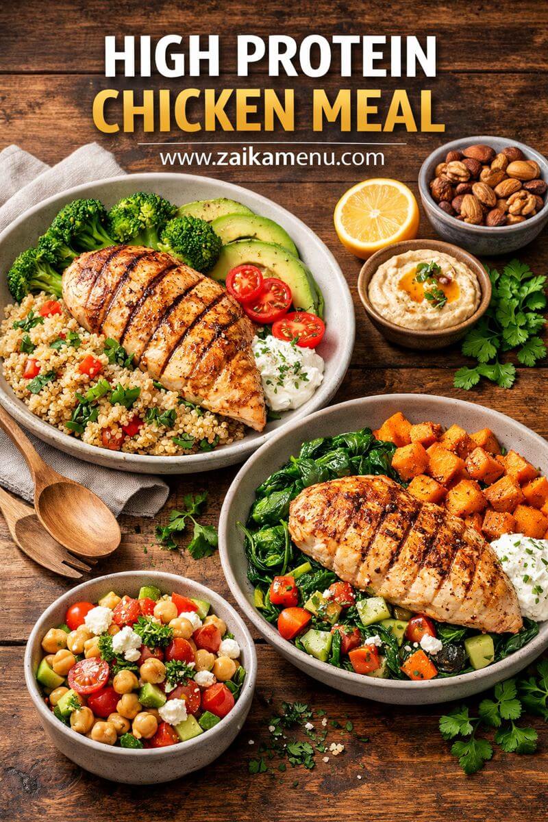 High Protein Chicken Meal Recipe with Grilled Chicken, Healthy Veggies and Quinoa by Zaika Menu
