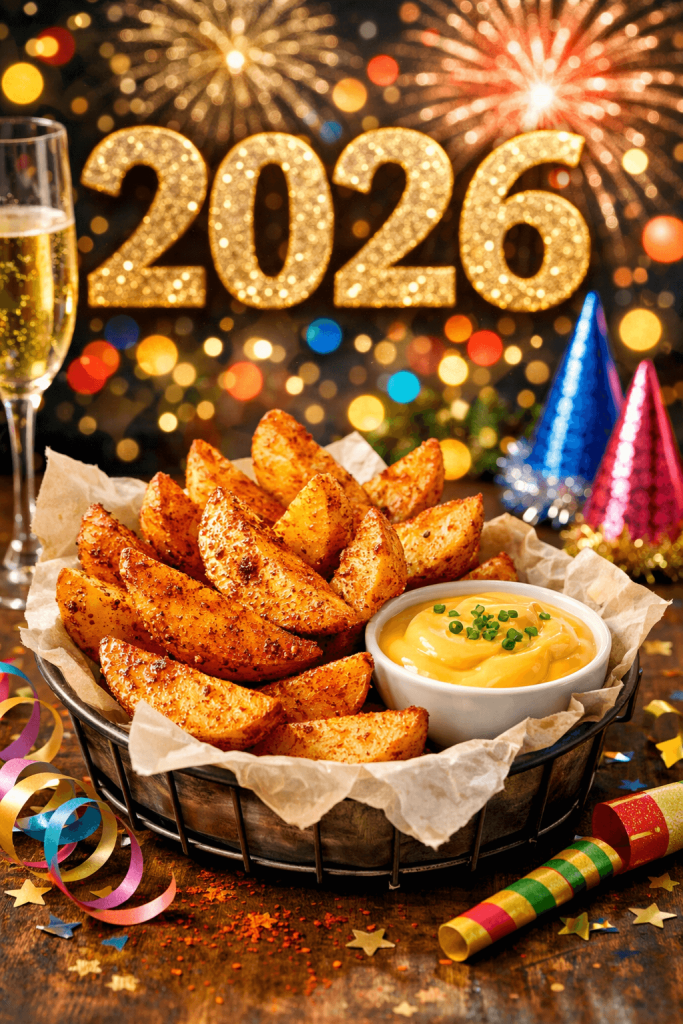 Spicy potato wedges served as a New Year 2026 party snack