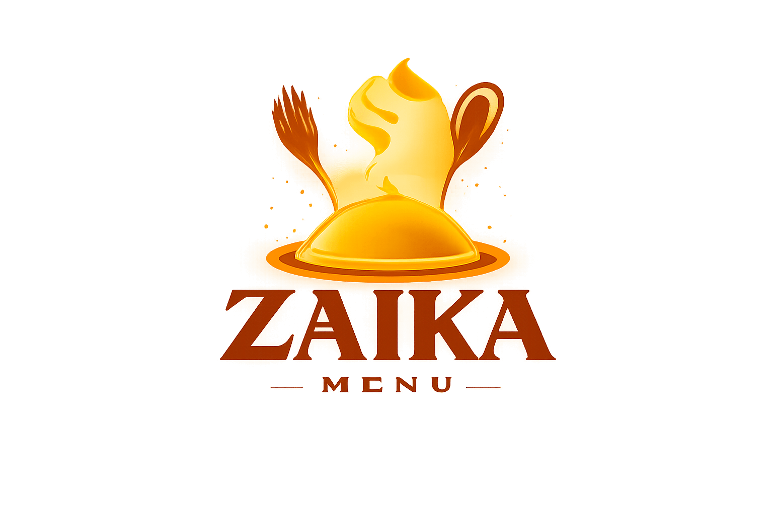 Zaika Menu ka food logo jisme steaming cloche, spoon aur fork ke sath modern orange aur brown colors use huay hain.