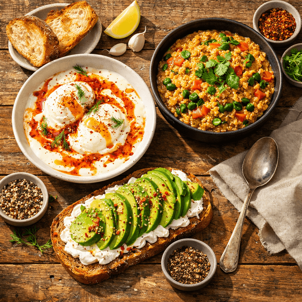 A vibrant healthy breakfast spread featuring Turkish eggs with chili butter, savory masala oats with vegetables, and avocado cottage cheese toast on a rustic wooden table.