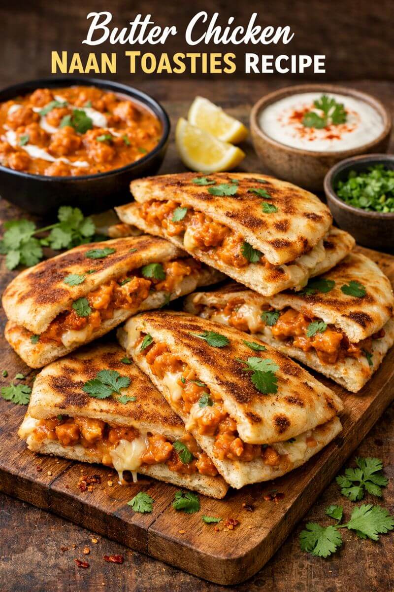 Butter Chicken Naan Toasties stuffed with creamy butter chicken and melted cheese, served hot on a wooden board