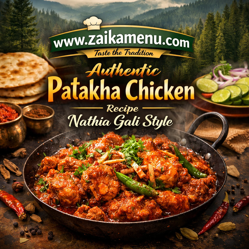 Authentic Patakha Chicken Nathia Gali style served on a platter with green chilies and lemon slices.