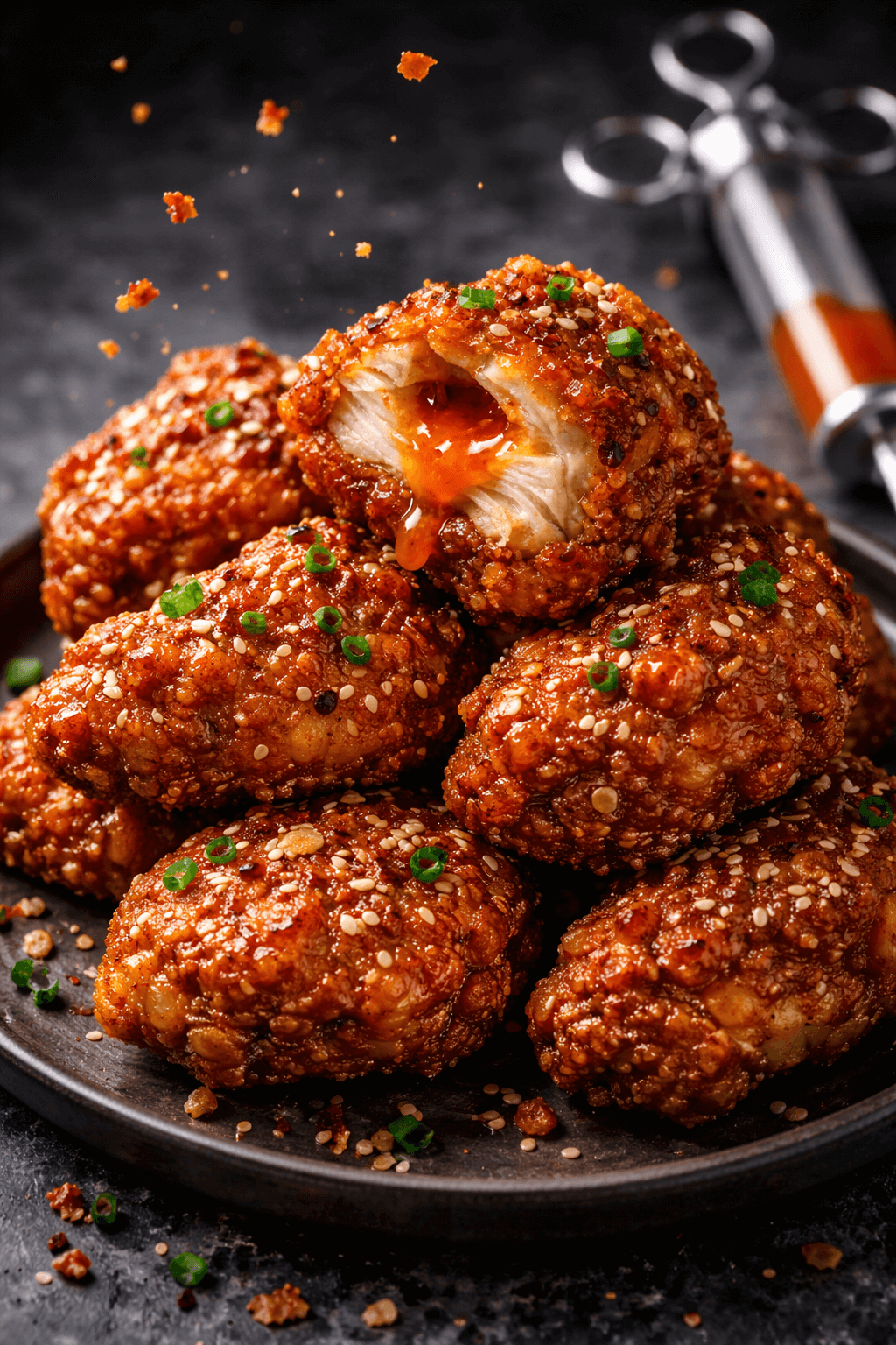 Professional food styling of crispy injected fried chicken on a dark plate with a meat injector syringe in the background, 2026 food trend
