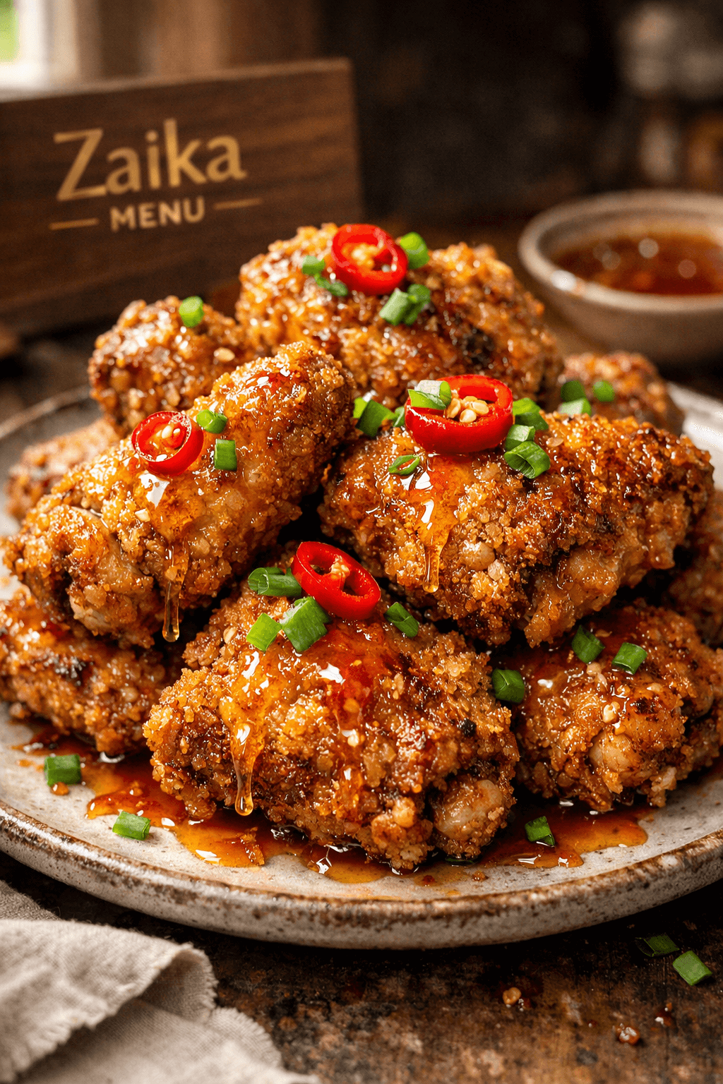 Hot Honey Air-Fried Chicken recipe by Zaika Menu with crispy glaze and chili flake