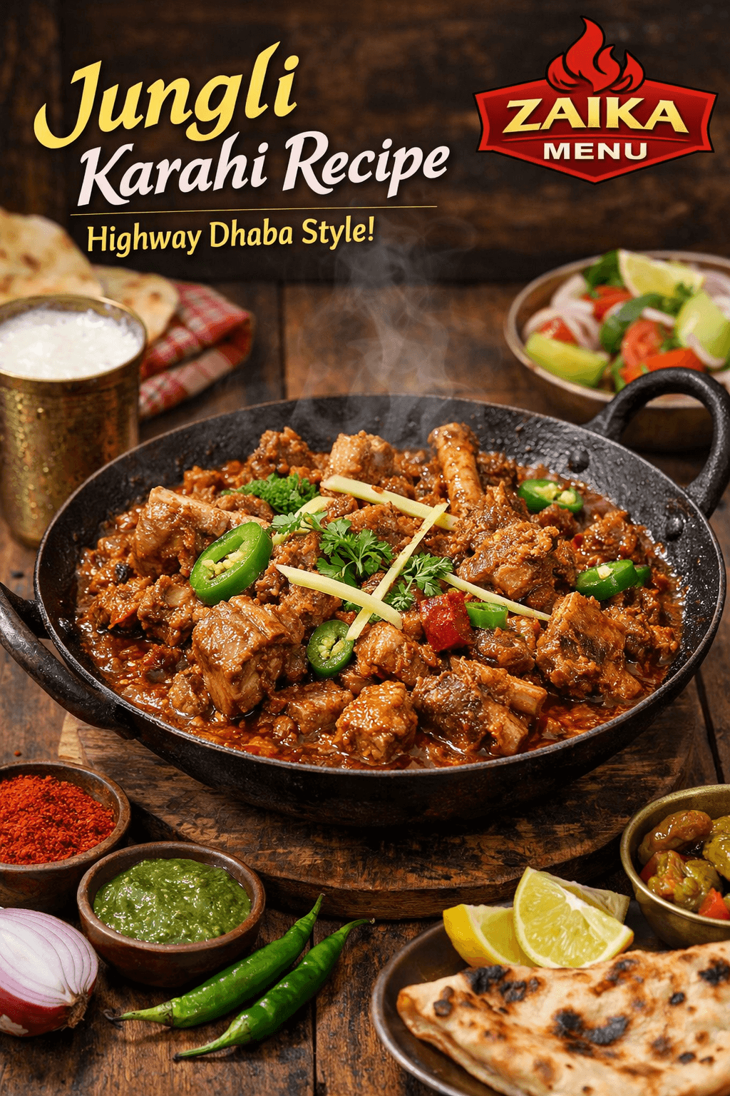 Jungli Karahi recipe cooked roadside dhaba style with mixed meat and vegetables on highway