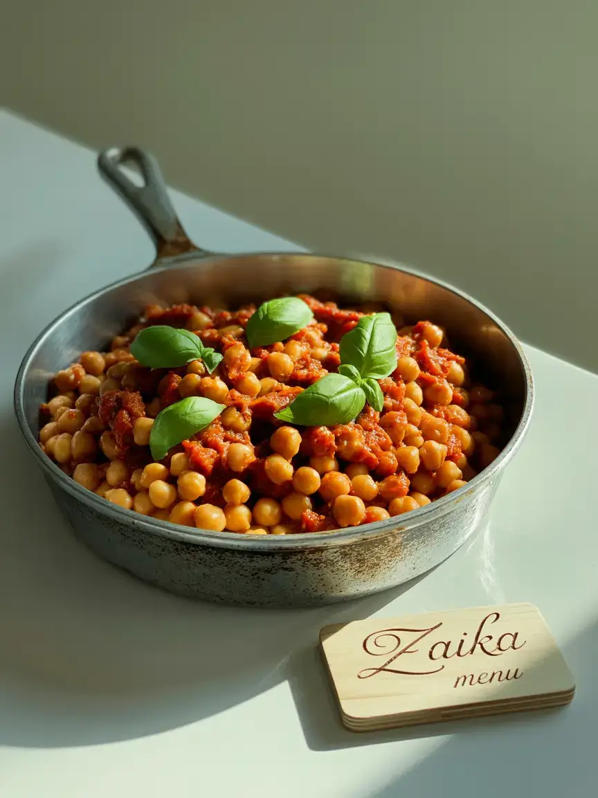 A creamy skillet of Viral Marry Me Chickpeas with sun-dried tomatoes and basil by Zaika Menu.