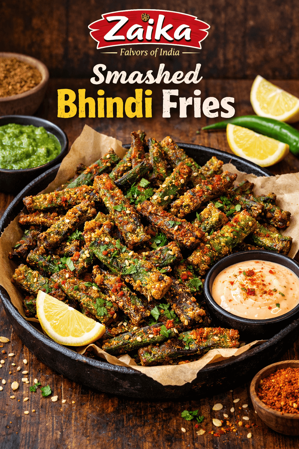 Crispy Smashed Bhindi Fries garnished with chaat masala, cilantro, and sesame seeds, served with dipping sauces and lemon wedges, Zaika Menu branding visible.