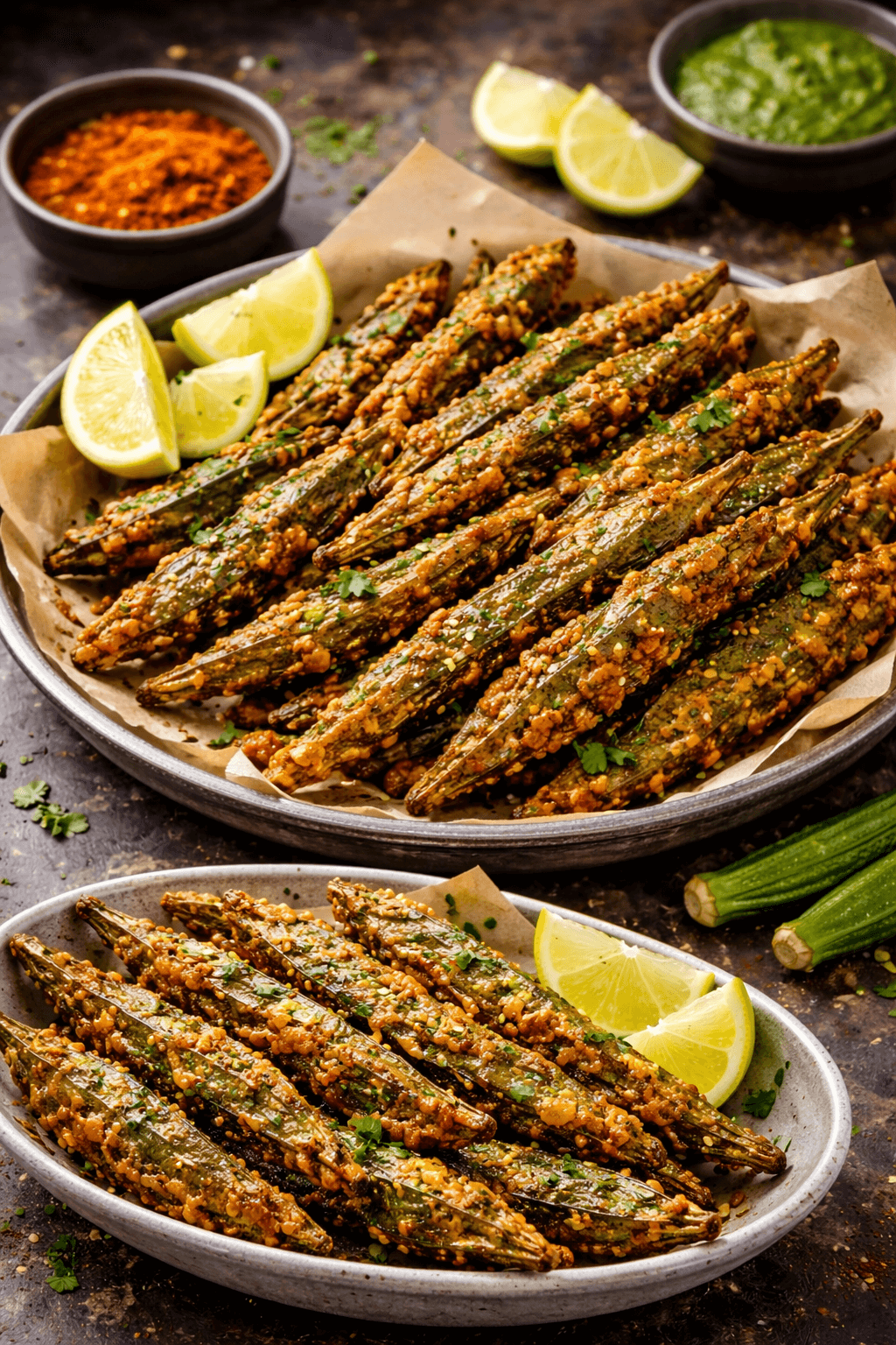 Crispy smashed bhindi fries served with lemon wedges and green chutney