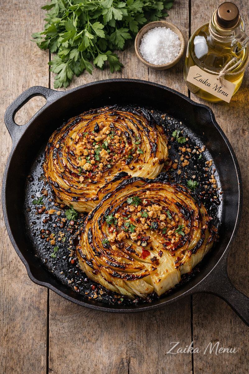 Realistic Viral Cabbage Steaks 2026 served on a white plate by Zaika Menu