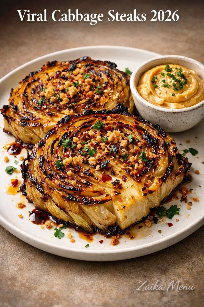 Top view of crispy Viral Cabbage Steaks 2026 cooking in a skillet by Zaika Menu