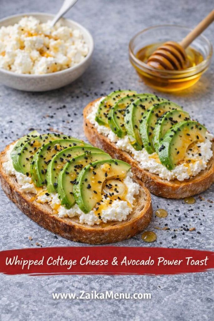 Cheese and avocado power toast topped with creamy cheese spread and fresh avocado slices, lightly seasoned and served on toasted bread — healthy, protein-rich breakfast