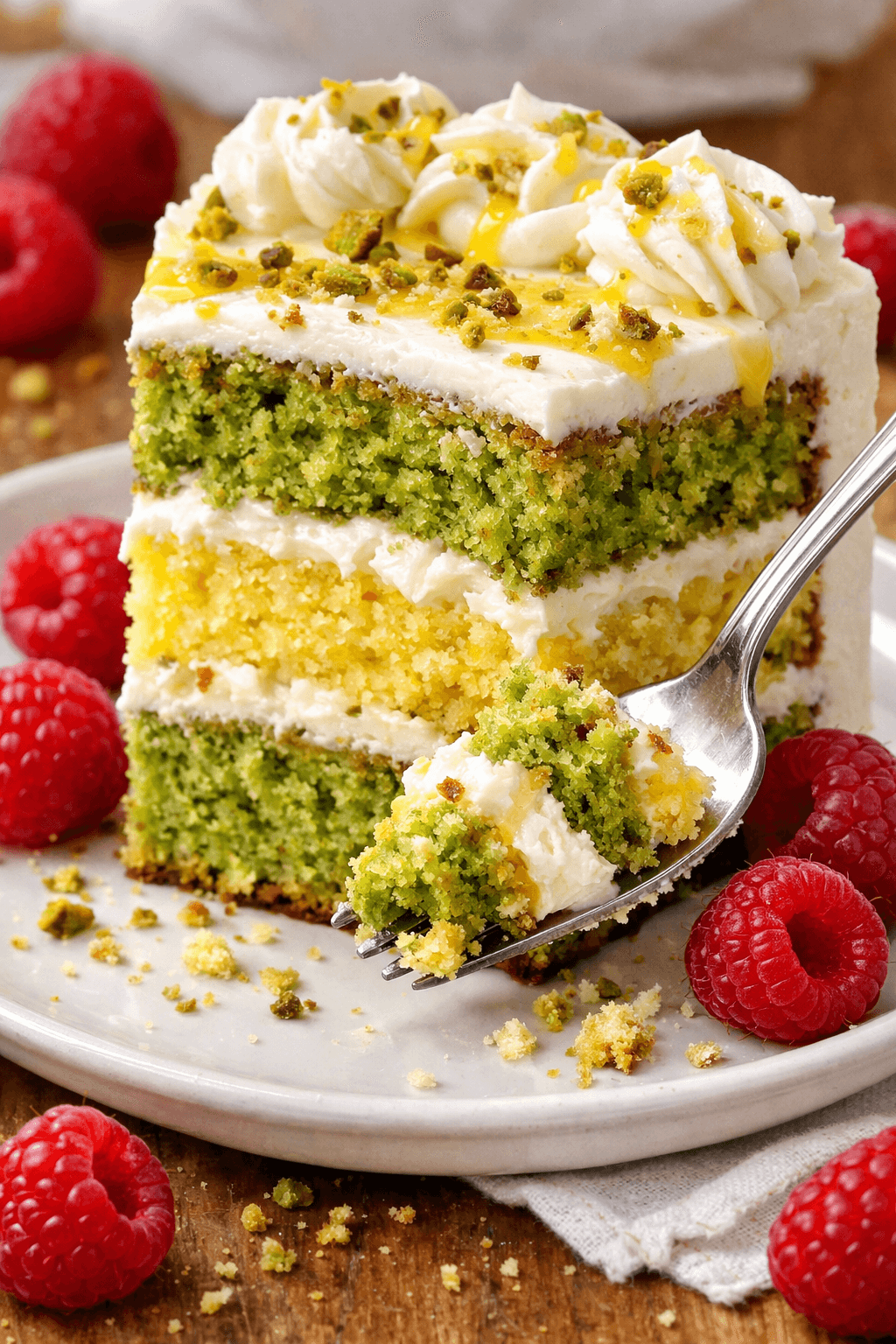 Close-up slice of moist Pistachio and Lemon Chaos Cake showing creamy buttercream layers.