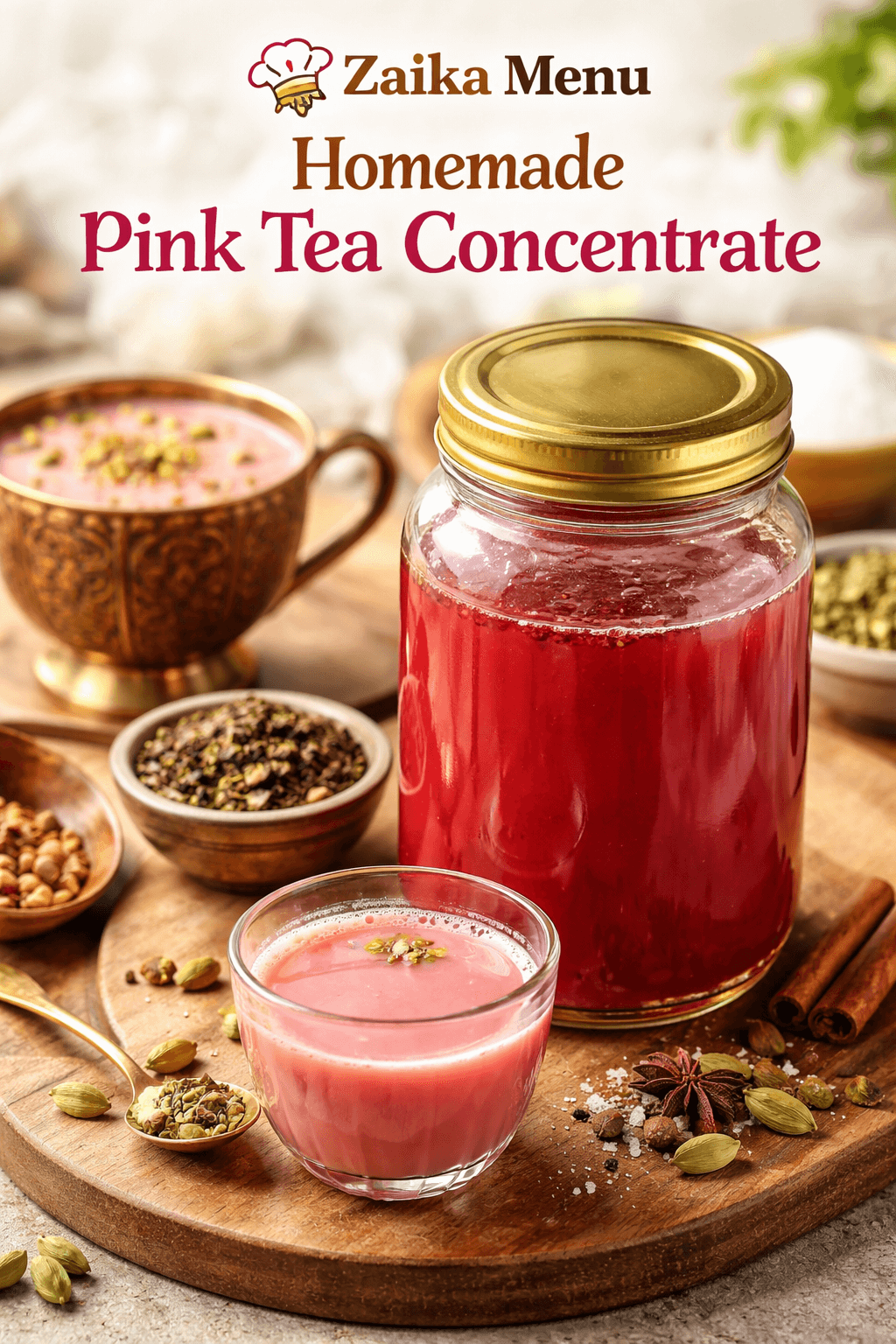 Homemade Kashmiri Pink Tea concentrate in a jar with a glass of creamy pink tea, cardamom and cinnamon on a rustic wooden table, Zaika Menu branding