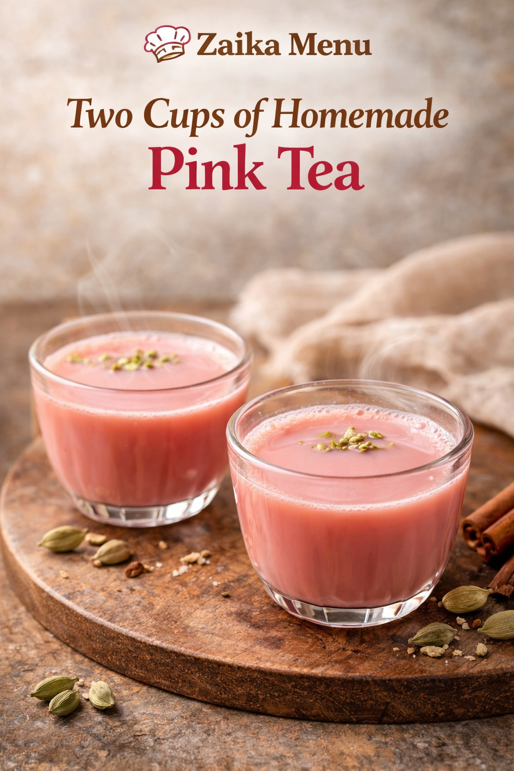 Homemade Kashmiri Pink Tea in a glass with frothy milk and a jar of pink tea concentrate on a rustic wooden table, cardamom and cinnamon sticks around, Zaika Menu branding visible
