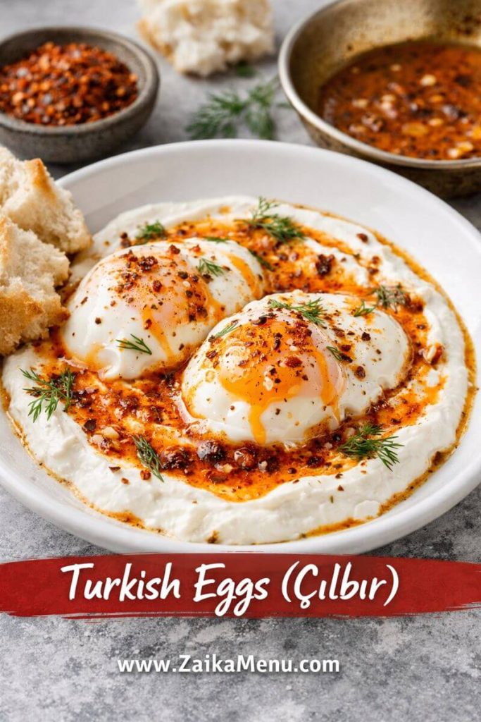 Traditional Turkish eggs (Çılbır) with perfectly poached eggs served over creamy garlic yogurt, topped with melted spiced butter and chili flakes, garnished with fresh herbs — gourmet protein-packed breakfast