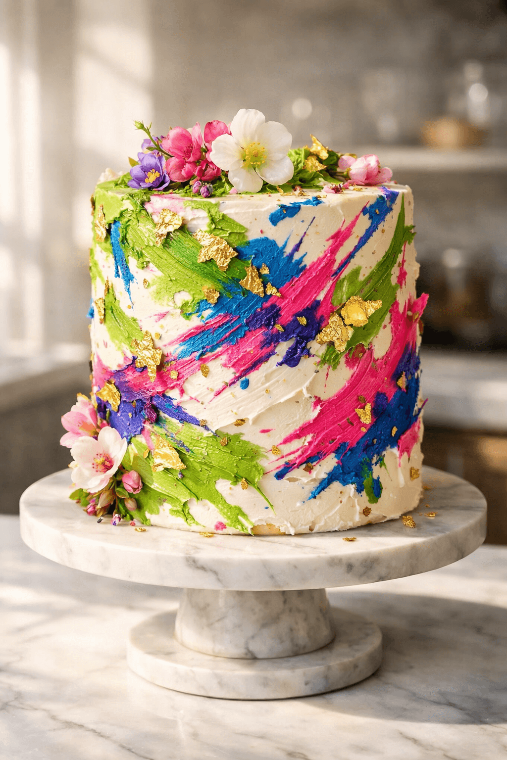 High-aesthetic Chaos Cake with pistachio green and neon pink frosting decorated with edible flowers and gold foil.