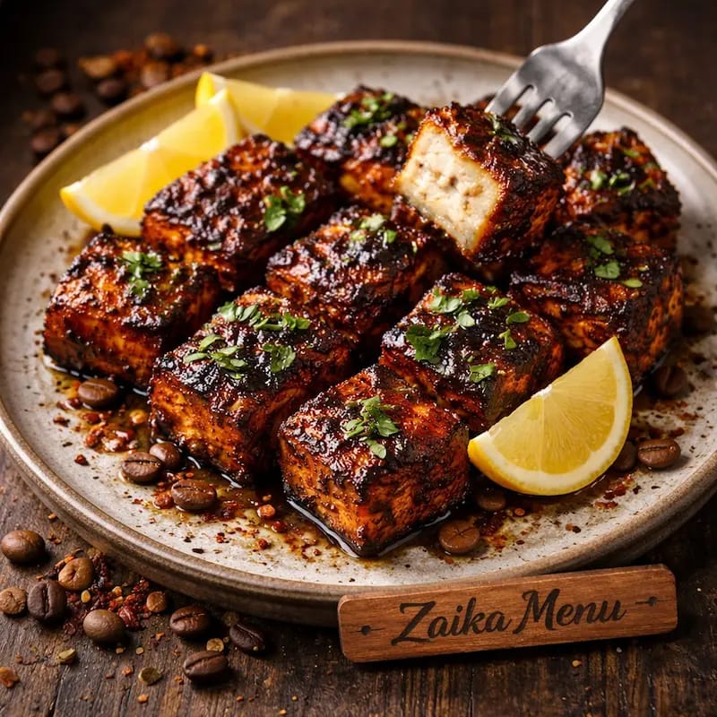 Close-up of Coffee-Rubbed Tikka with charred espresso crust - Zaika Menu Special