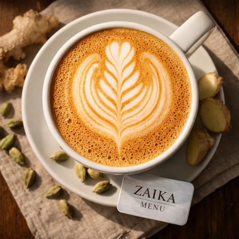 Top-down close-up of frothy Chai Tea Latte with ginger and cardamom by Zaika Menu.
