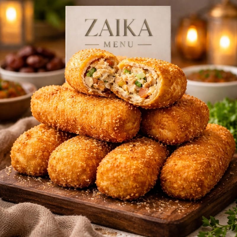 Close-up of golden brown Crispy Chicken Bread Rolls with creamy filling by Zaika Menu