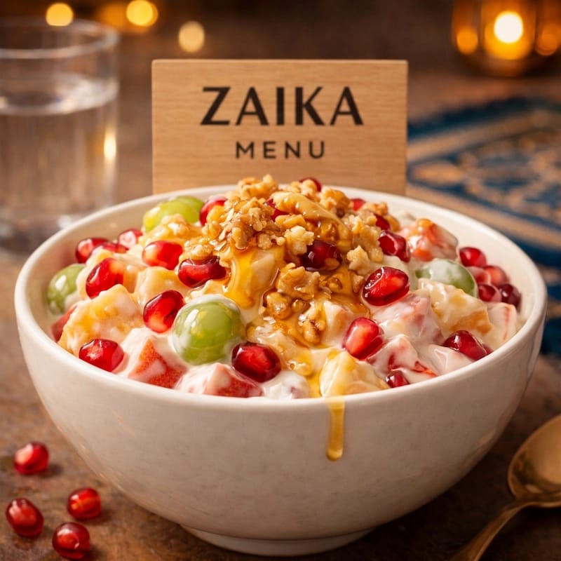 Close-up of healthy Creamy Fruit Chaat Recipe by Zaika Menu with honey and walnuts