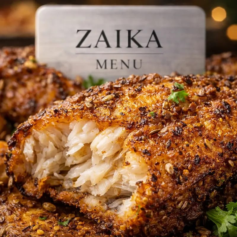 Close-up of crispy texture and flaky meat in Grand Burewala Fish Platter by Zaika Menu