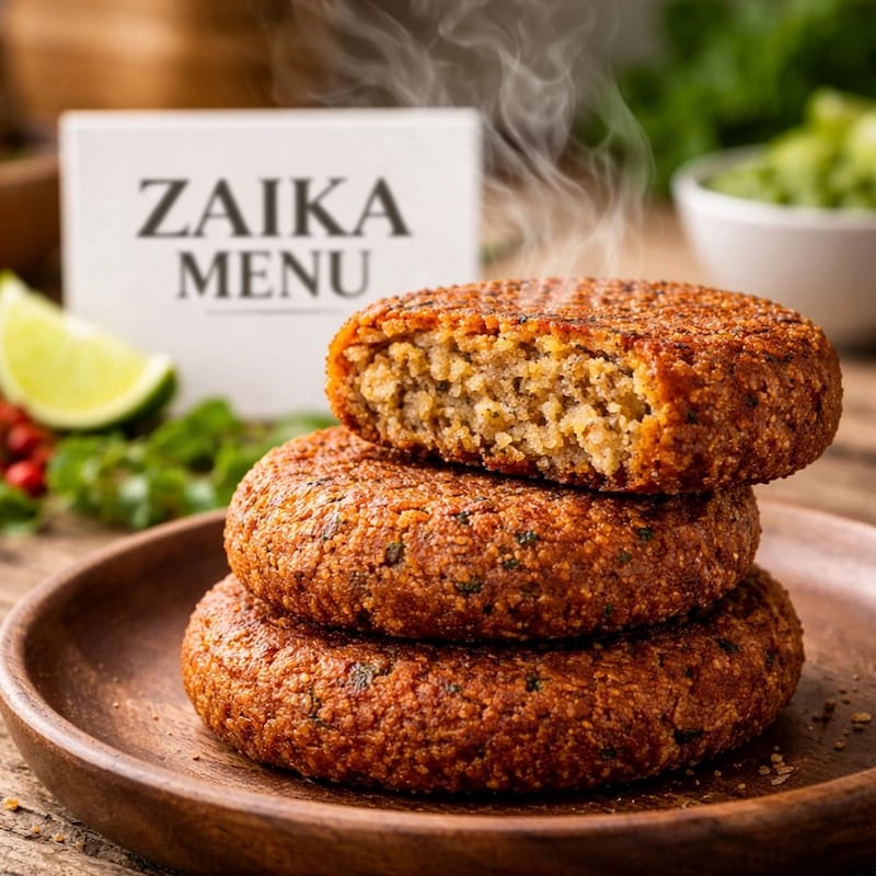 Close up of crispy reshadar texture in Frozen Shami Kabab Recipe by Zaika Menu