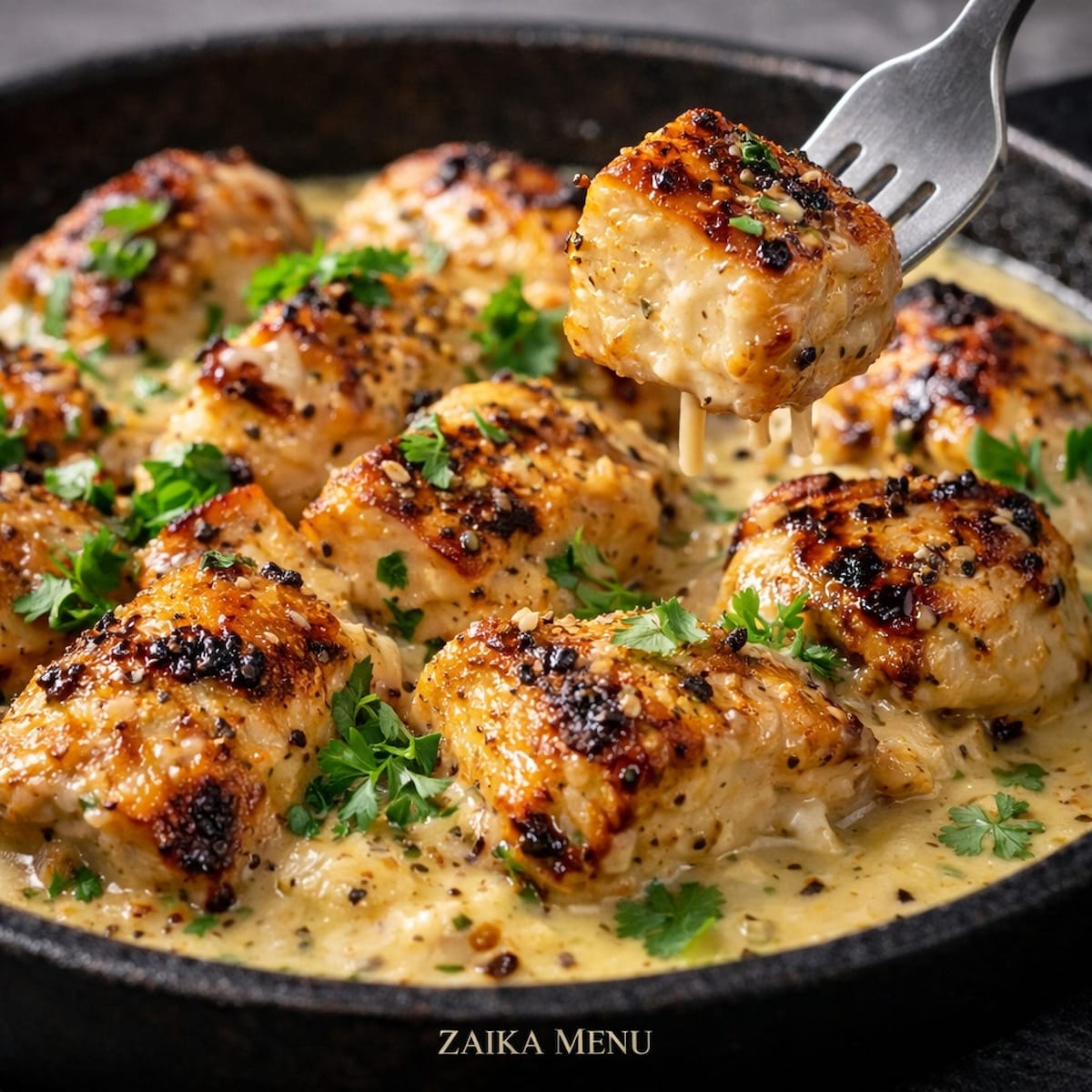 Close-up shot of juicy Garlic Butter Chicken Tikka with creamy sauce by Zaika Menu