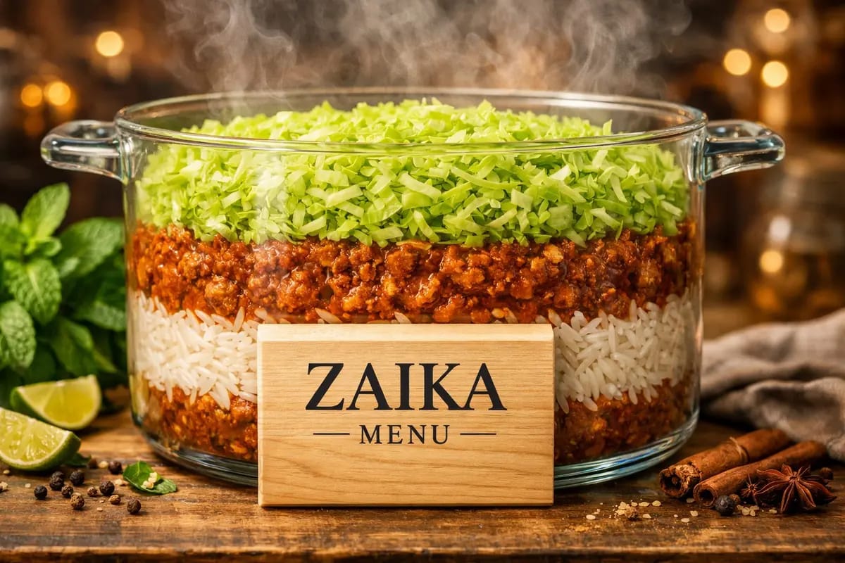 Best Keema Biryani Recipe 2026 by Zaika Menu showing viral Cabbage Crush layering