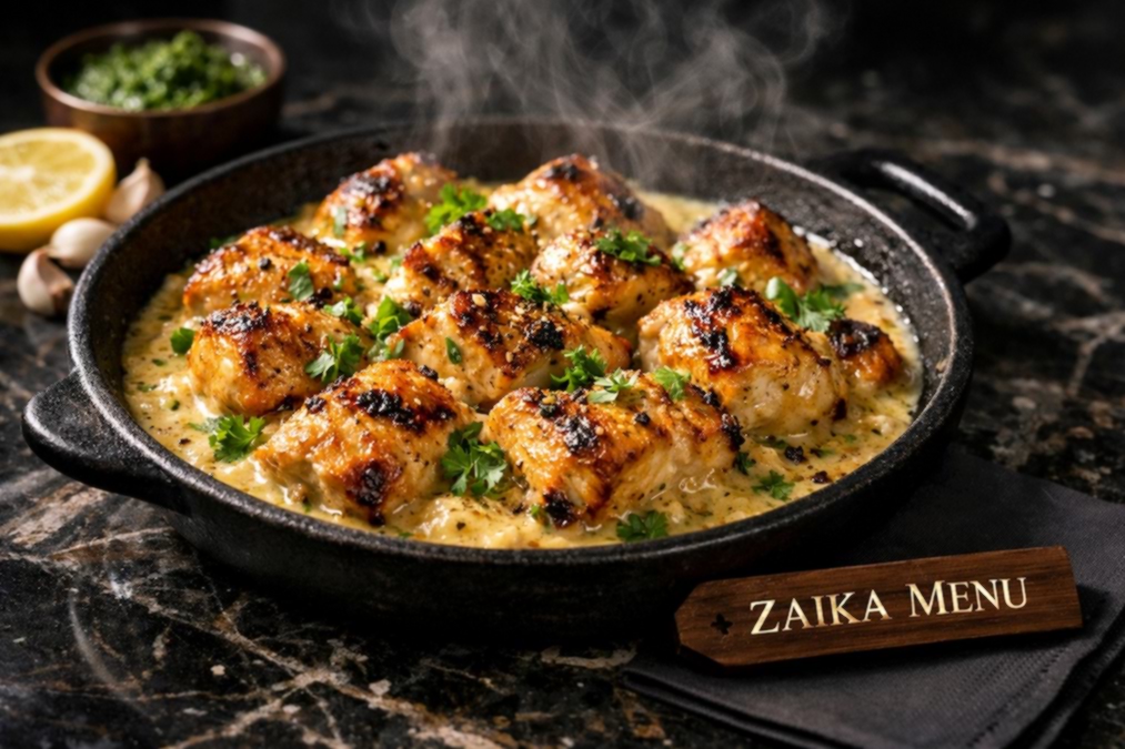 Creamy Garlic Butter Chicken Tikka recipe served in a black pan by Zaika Menu