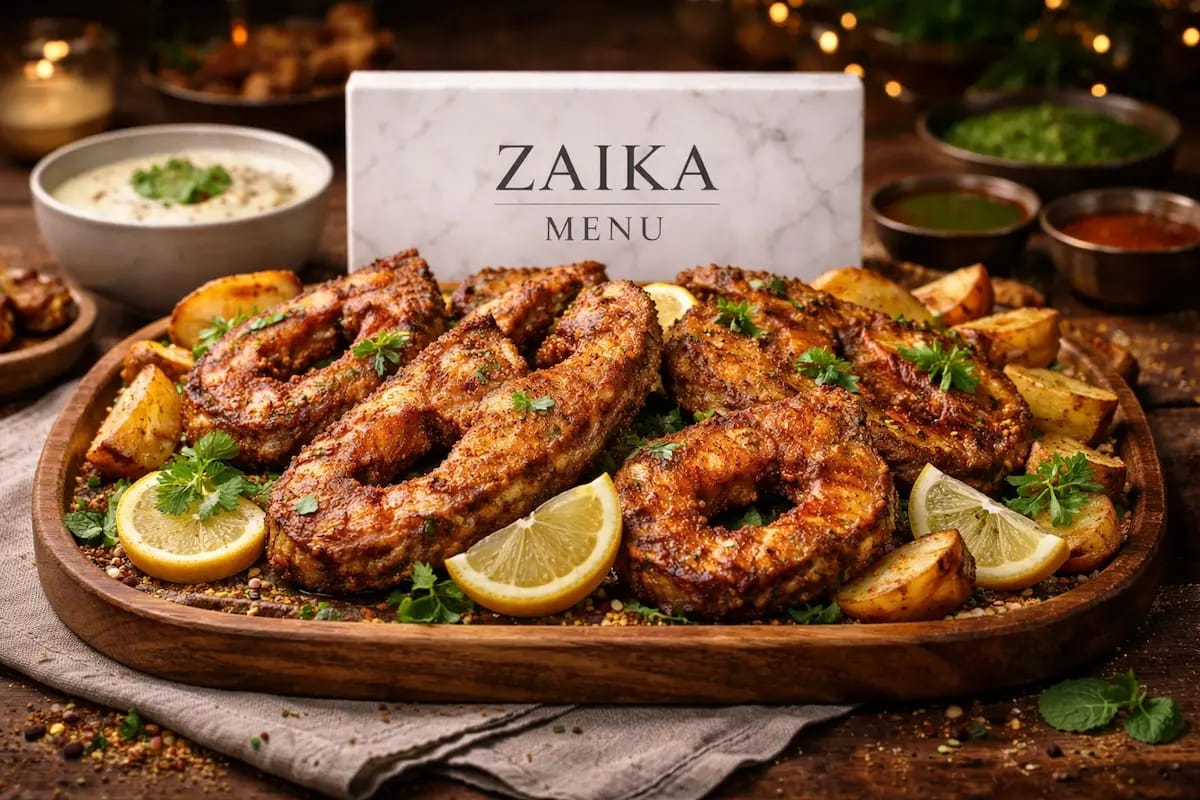 Grand Burewala Fish Platter Recipe 2026 by Zaika Menu with crispy fried fish and masala wedges.