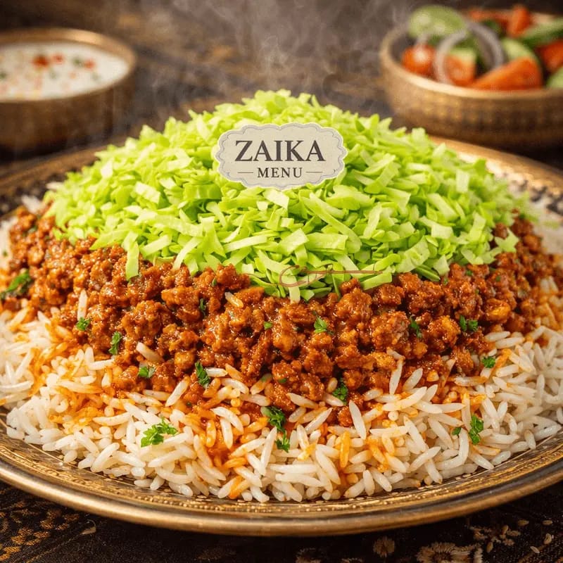 Close-up of crispy Cabbage Crush texture in Keema Biryani Recipe 2026 by Zaika Menu