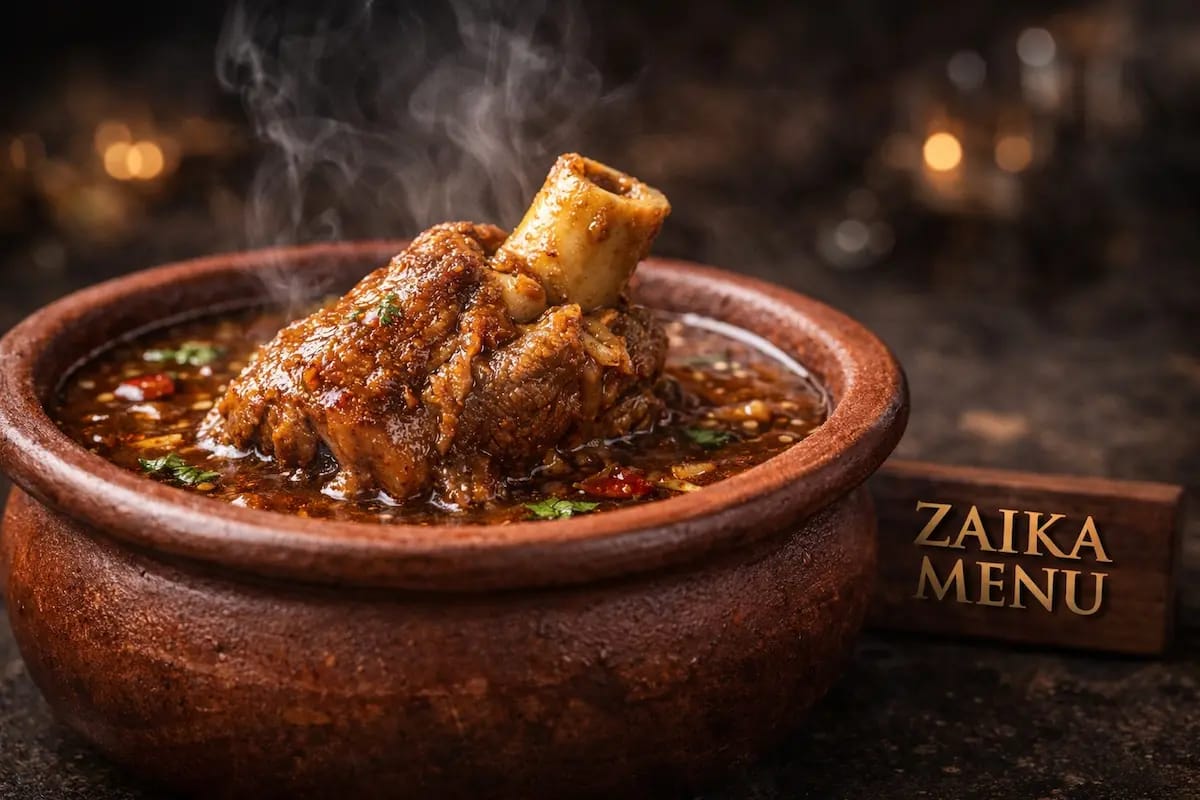 Close-up of authentic Mutton Kunna in a clay pot with rich glossy gravy and tender meat by Zaika Menu.