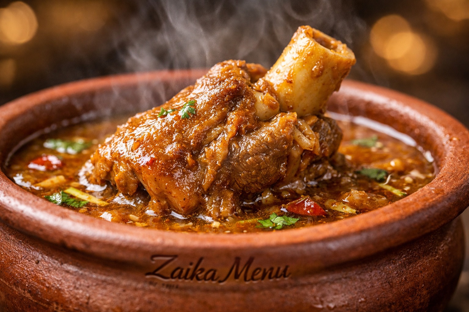 Authentic Chinioti Mutton Kunna slow-cooked in a clay pot with rich gravy and black cumin by Zaika Menu