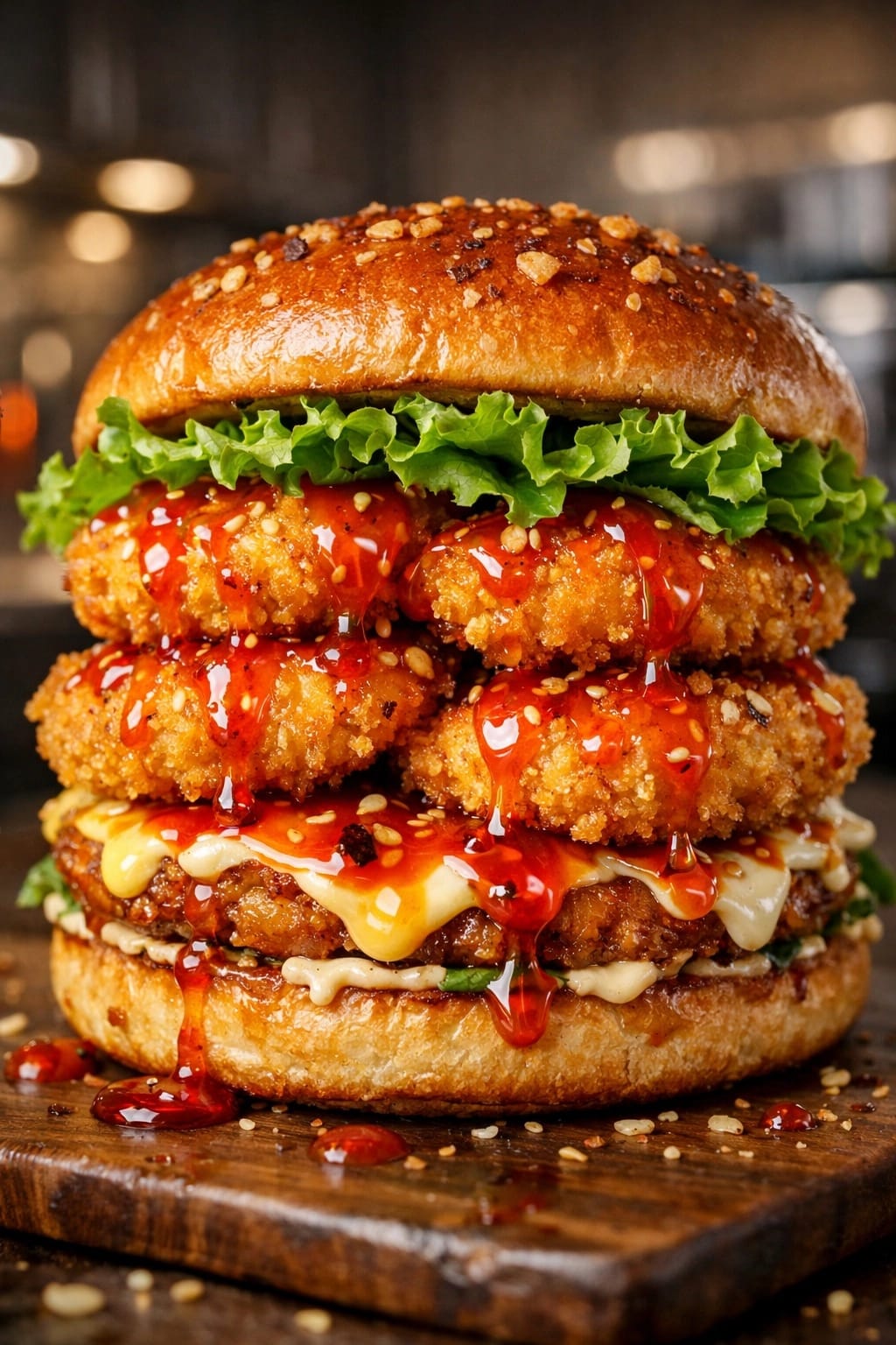 Close-up of Prawn Zinger Loaded Burger with crispy panko prawns and honey-chili sauce on a garlic brioche bun.