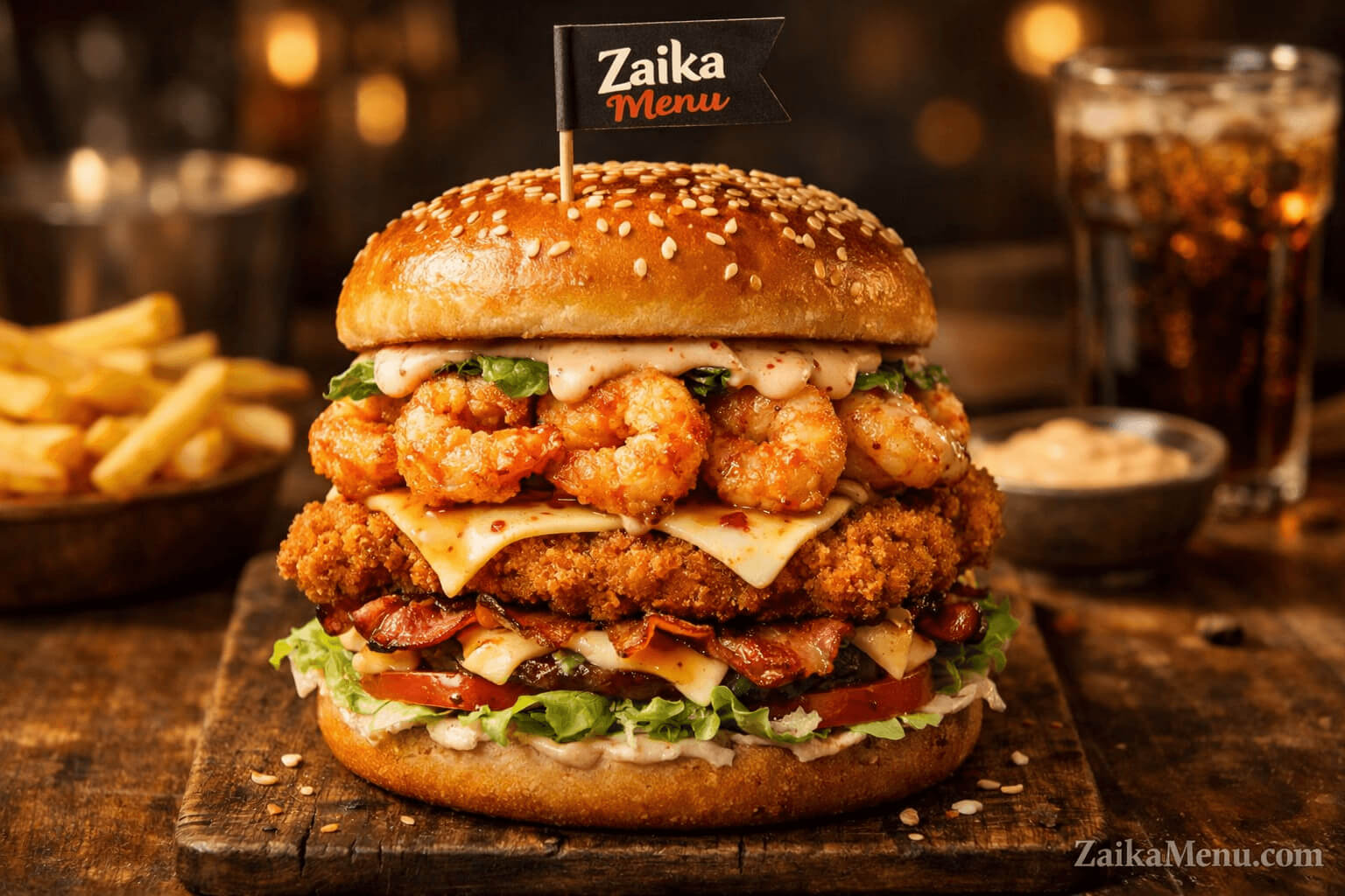 Crispy golden jumbo prawn zinger loaded burger with honey-chili swicy sauce on a toasted garlic brioche bun.