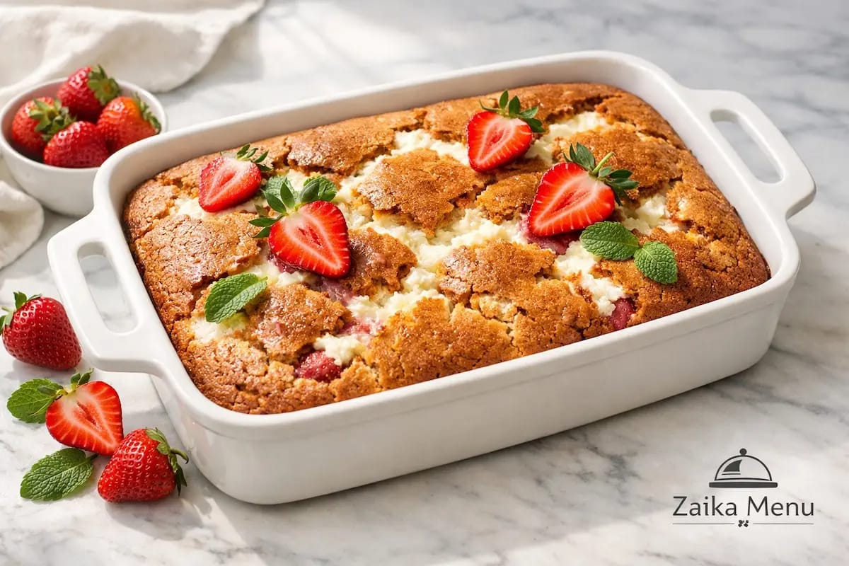 Strawberry Earthquake Cake Recipe by Zaika Menu - Viral 2026 Lava Secret with Cream Cheese.