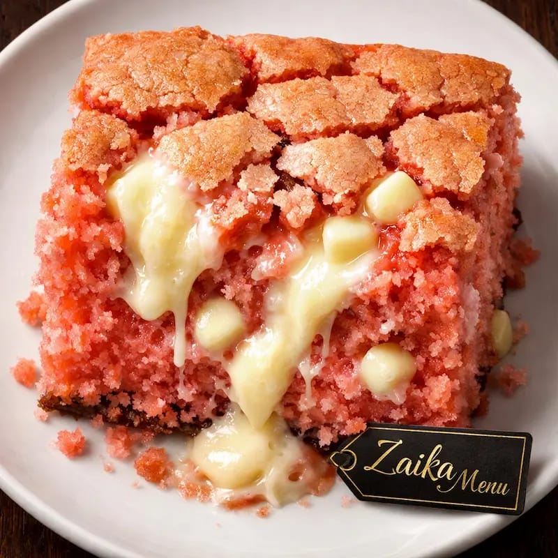Close-up of Strawberry Earthquake Cake Recipe by Zaika Menu showing cream cheese lava pockets.