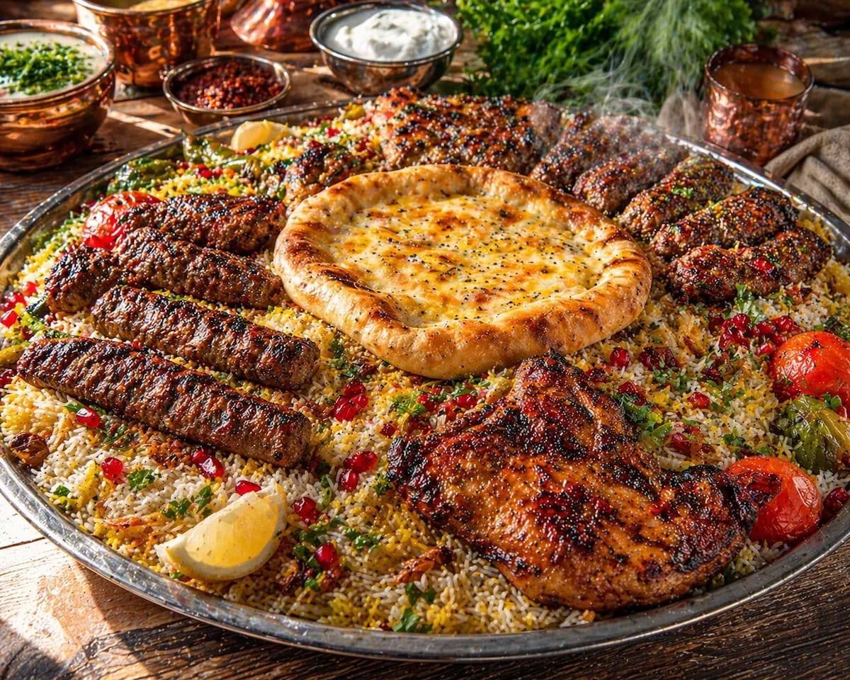 Authentic Arabian Platter with Mandi Rice, Adana Kabab, and Turkish Pide.