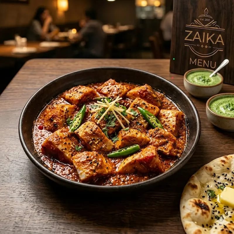 Closeup shot of spicy Restaurant Style Achari Fish with thick masala.